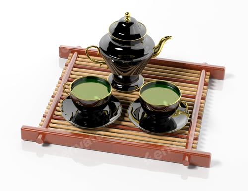 Preview: Black teapot and teacups on wooden tray
