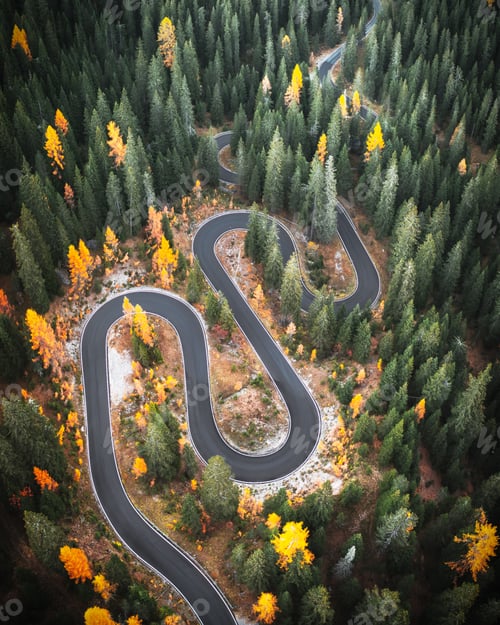 Preview: Top aerial view of famous Snake road near Passo Giau in Dolomite Alps