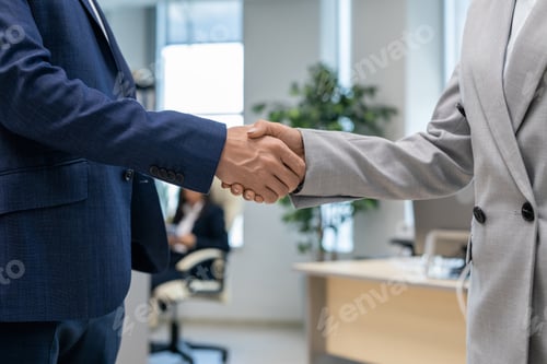 Preview: Handshake of two young business partners in office environment