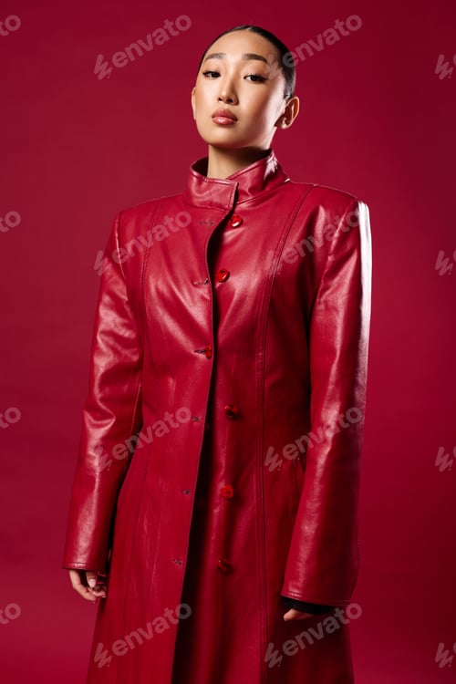 Preview: Fashion asian beauty woman in red leather coat posing against background with hands on hips