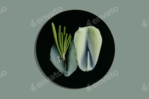 Preview: Texture of cosmetic creams with rosemary on a round stand on a green background.