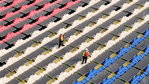 Preview: Floating solar panels providing renewable energy. Aerial view floating on solar cells