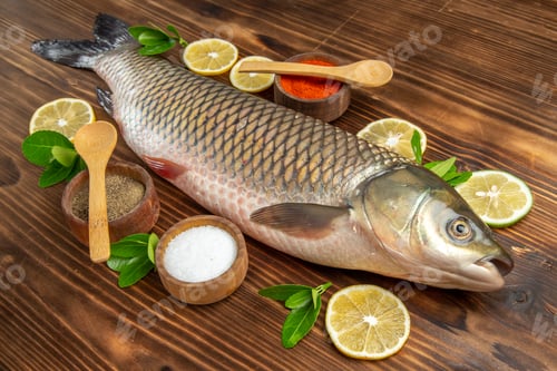 Preview: front view fresh fish with lemon slices and seasonings on wooden desk ocean sea food seafood