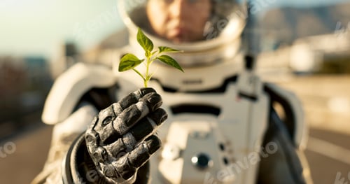 Preview: Astronaut, hand and plant with suit in nature for environmental research, discovery and exploration