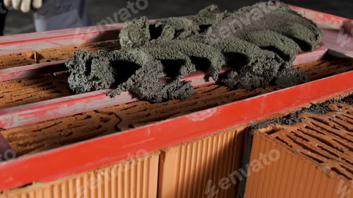 Preview: Close up of a worker putting mortar into the wooden frame to make a layer on the brick wall. Stock