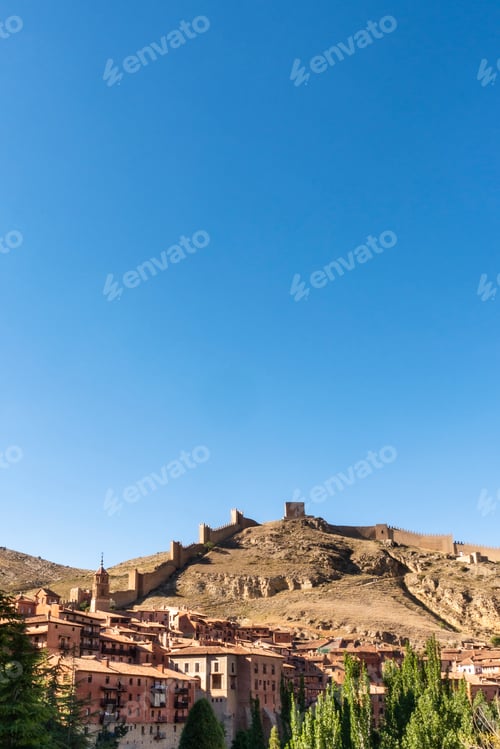 Preview: wall of albarracin, town of Spain declared a national monument on a sunny day with copy space