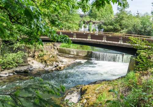 Preview: A View Of Tumwater Falls And A Wooden Walking Bridge.
