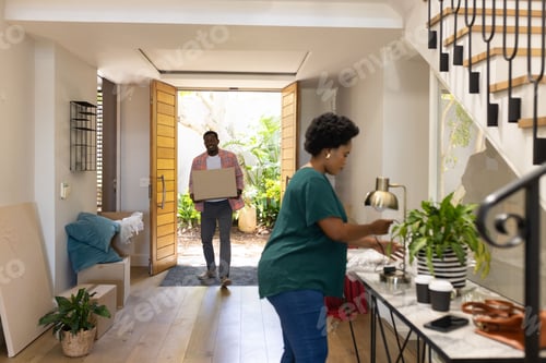 Aperçu: Couple moving into new home, carrying boxes and arranging decor in hallway