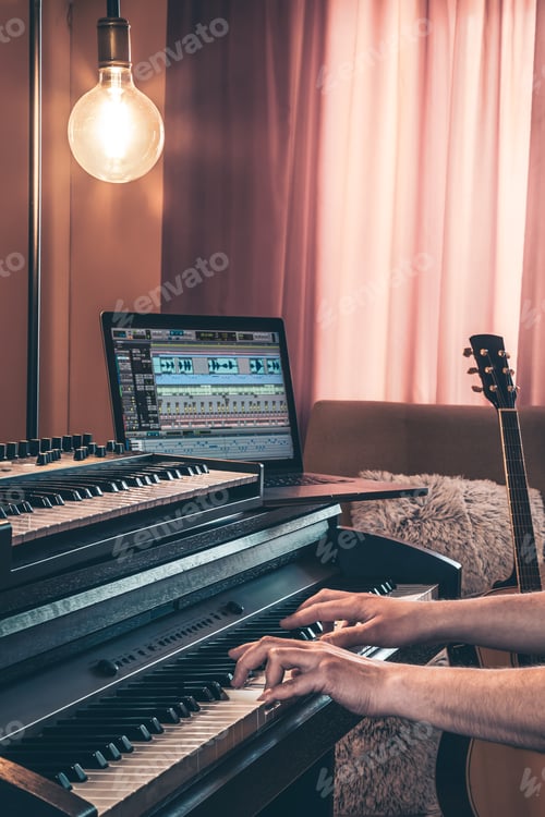 Preview: Electronic piano and guitar in room interior.