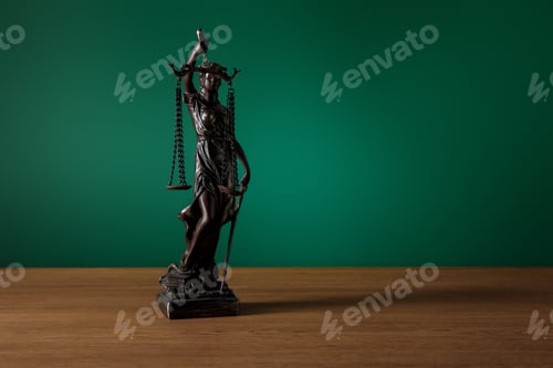 Preview: bronze statuette with scales of justice on wooden table on dark green background