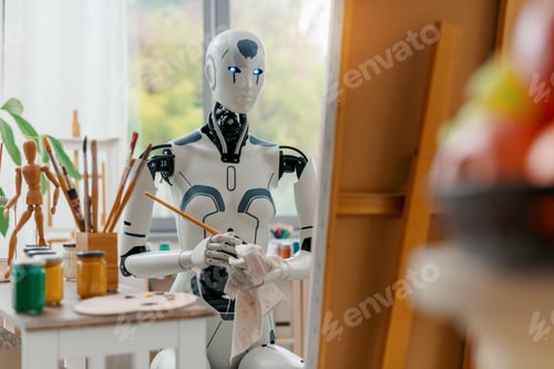 Preview: Humanoid AI robot painting on canvas