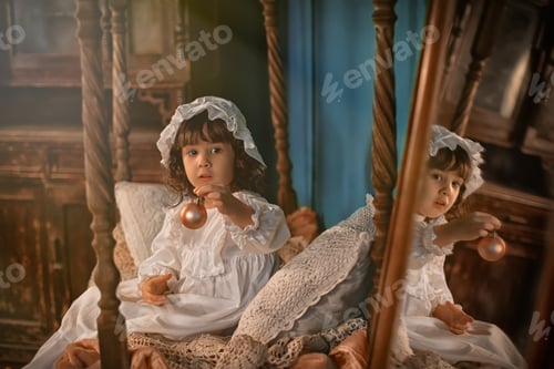 Preview: A lovely little girl in a white cap sits in a white vintage night dress