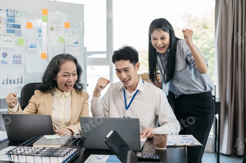 Preview: Happy smiling businessman feel happy work complete Teamwork success