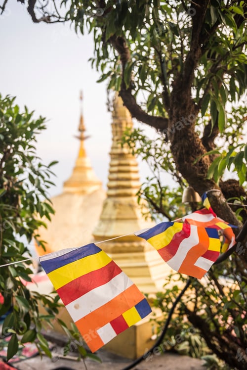 Preview: Buddhist prayer flags at Golden Rock (Kyaiktiyo Pagoda), Mon State, Myanmar (Burma)