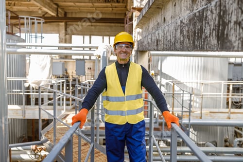 Preview: Joyful man engineer standing on metal bridge at factory