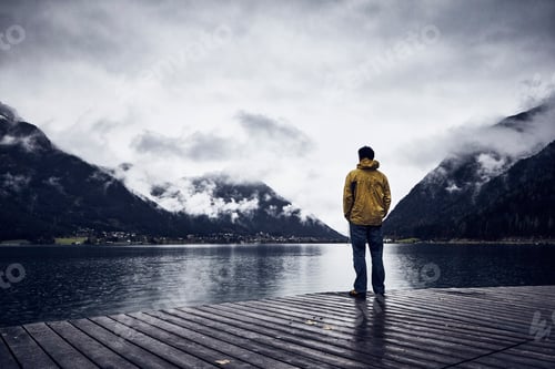 Preview: Austria, Tyrol, Lake Achen, man standing on boardwalk