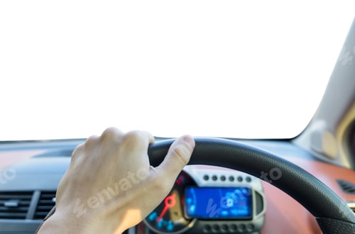 Preview: Single male hand holding right steering wheel inside
