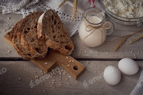 Preview: Milk, cottage cheese, sour cream, multigrain homemade bread, fresh eggs and wheat