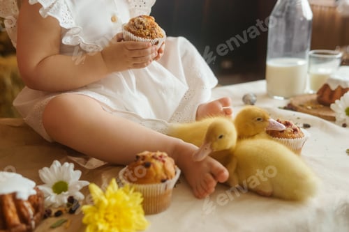Preview: Cute fluffy ducklings on the Easter table with quail eggs and Easter cupcakes, next to a little girl