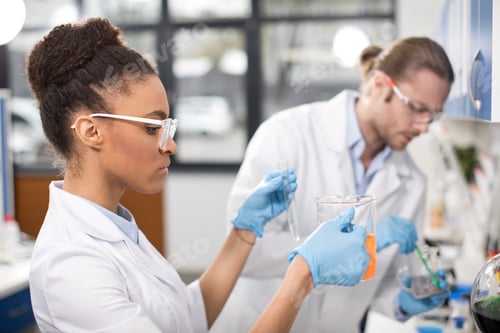 Preview: side view of concentrated scientists working in laboratory