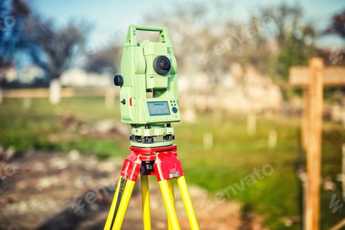 Preview: surveyor engineering equipment with theodolite and total station at a construction site