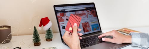 Preview: Online holiday shopping. Woman holding credit card and buying goods. Horizontal long banner for web