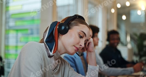 Preview: Call center agent, woman and tired in business as customer service professional for sales company.