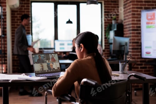 Preview: Woman with chronic impairment attending videocall meeting