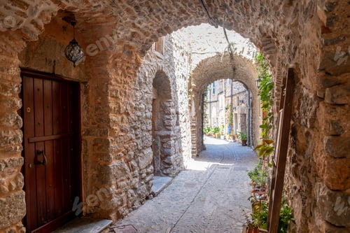 Preview: Narrow medieval alley in Mesta Village. Chios Island, Greece.