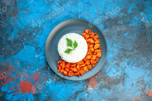 Preview: Overhead view of delicious rice meal with green and tomato chicken on blue background