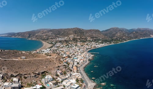 Preview: Crete island, Greece. Aerial drone panoramic view of Paleochora town, beach, building, Aegean sea.