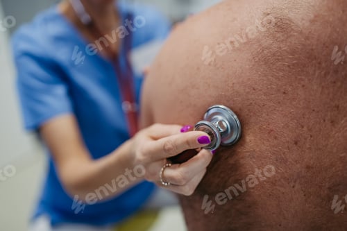 Preview: Female doctor listening to bowel sounds of overweight patient using stethoscope. Obesity affecting