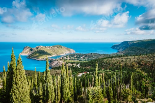 Preview: Frourio peninsular and Assos village with beautiful cypress trees in foreground. Kefalonia island