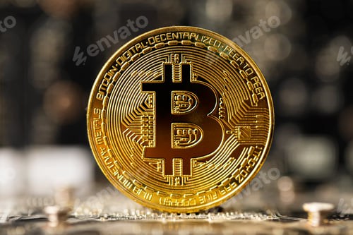 Preview: Dark gold bitcoin on crypto mining GPU circuit board computer hardware