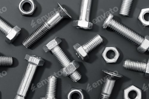 Preview: Creative background of a variety of metallic nuts and bolts on black background.