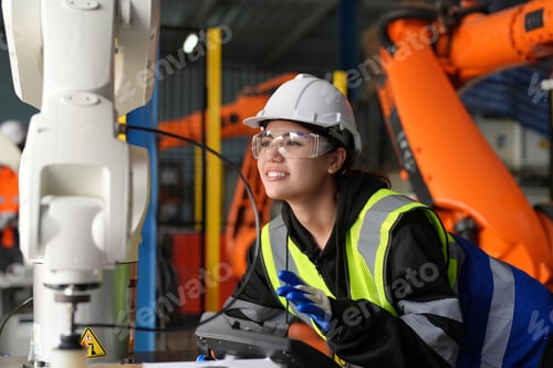 Preview: Female Engineer check and control automation robot arms machine in factory. robotics manufacturing.