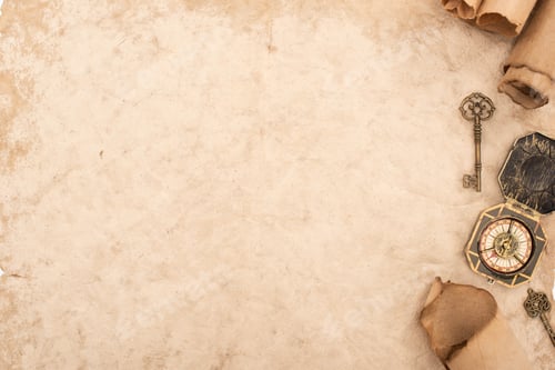 Preview: top view of vintage keys and compass on aged paper