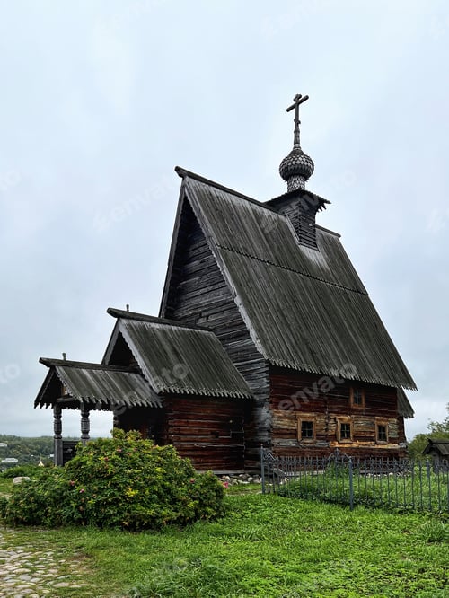 Preview: Old russian Orthodox wooden church. Wooden architecture in ancient Russia
