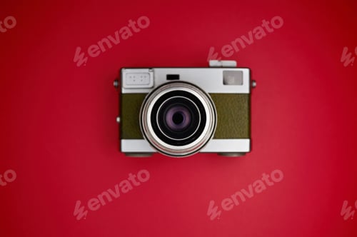 Preview: Overhead view of Fashion Film Camera. Creative Retro Design camera. Hipster Trendy Accessories. .