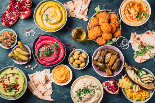 Preview: Arabic traditional cuisine. Middle Eastern meze with pita, olives, colorful hummus, falafel, stuffed
