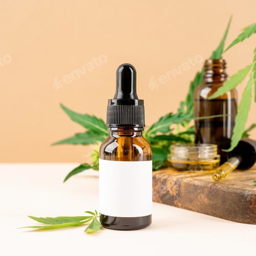Preview: cbd oil and cannabis leaves cosmetics front view on orange background