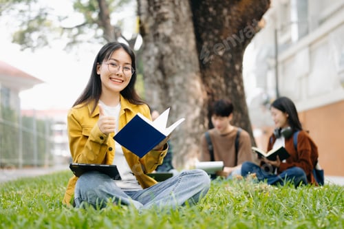 Preview: Asian Students are studying the campus park. Young people are spending time together.