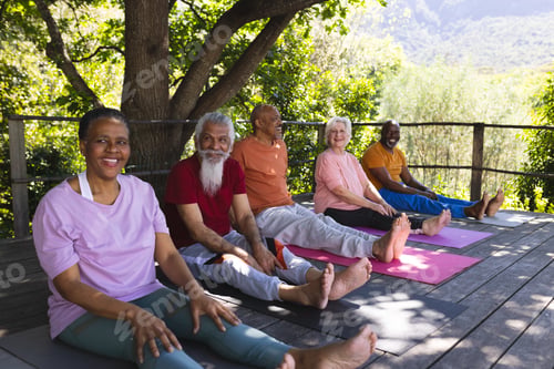 Preview: Happy diverse group of senior friends sitting on mats at yoga class in sunny garden, copy space