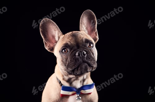 Preview: Studio Portrait Of French Bulldog Puppy Wearing Bow Tie And Collar Against Black Background