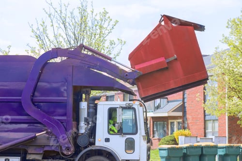 Preview: Recycling garbage collector truck loading waste into trash bins for municipal sanitation disposal a