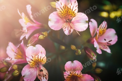 Preview: A bush of delicate, pink flowers of Alstroemeria on a dark green background