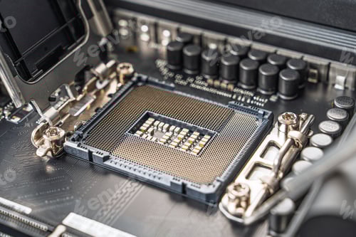 Preview: Close-up of a Modern CPU Socket on a Computer Motherboard for High-Performance Computing