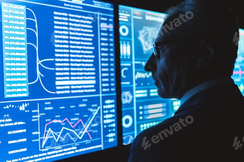 Preview: The businessman works on the big sensor display in the dark office