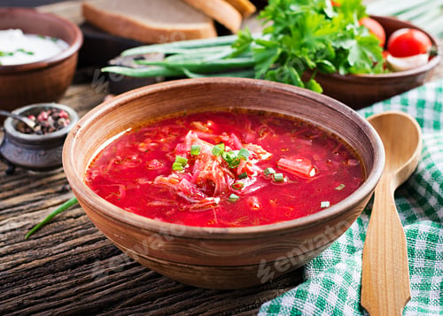Preview: Traditional Ukrainian Russian borscht or red soup in the bowl.