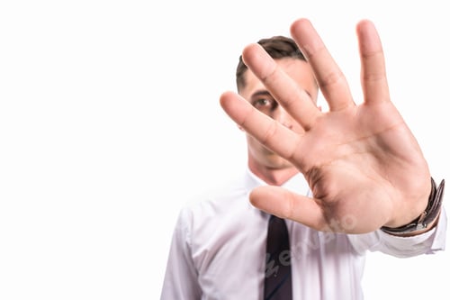 Preview: businessman in shirt and tie showing no sign isolated on white